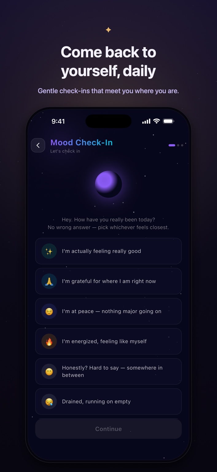 Daily Check-In in Elyvia, asking how you’ve been and offering different feelings to choose from