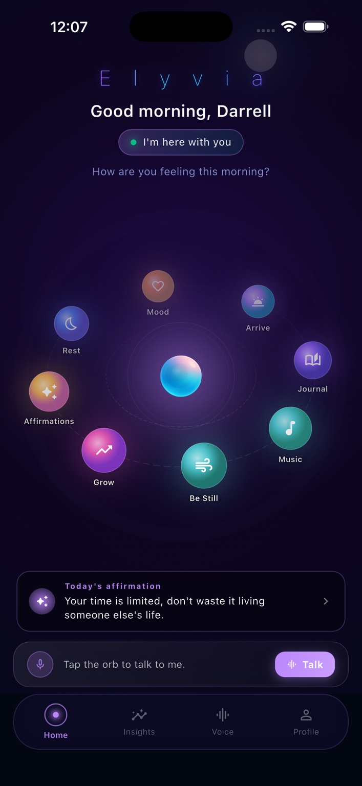 Elyvia’s home screen with its central orb and paths to Mood, Rest, Journal, Music, and Be Still