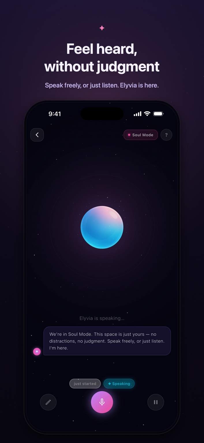 Soul Mode in Elyvia, with the listening orb, a spoken reflection, and voice controls; open the full image