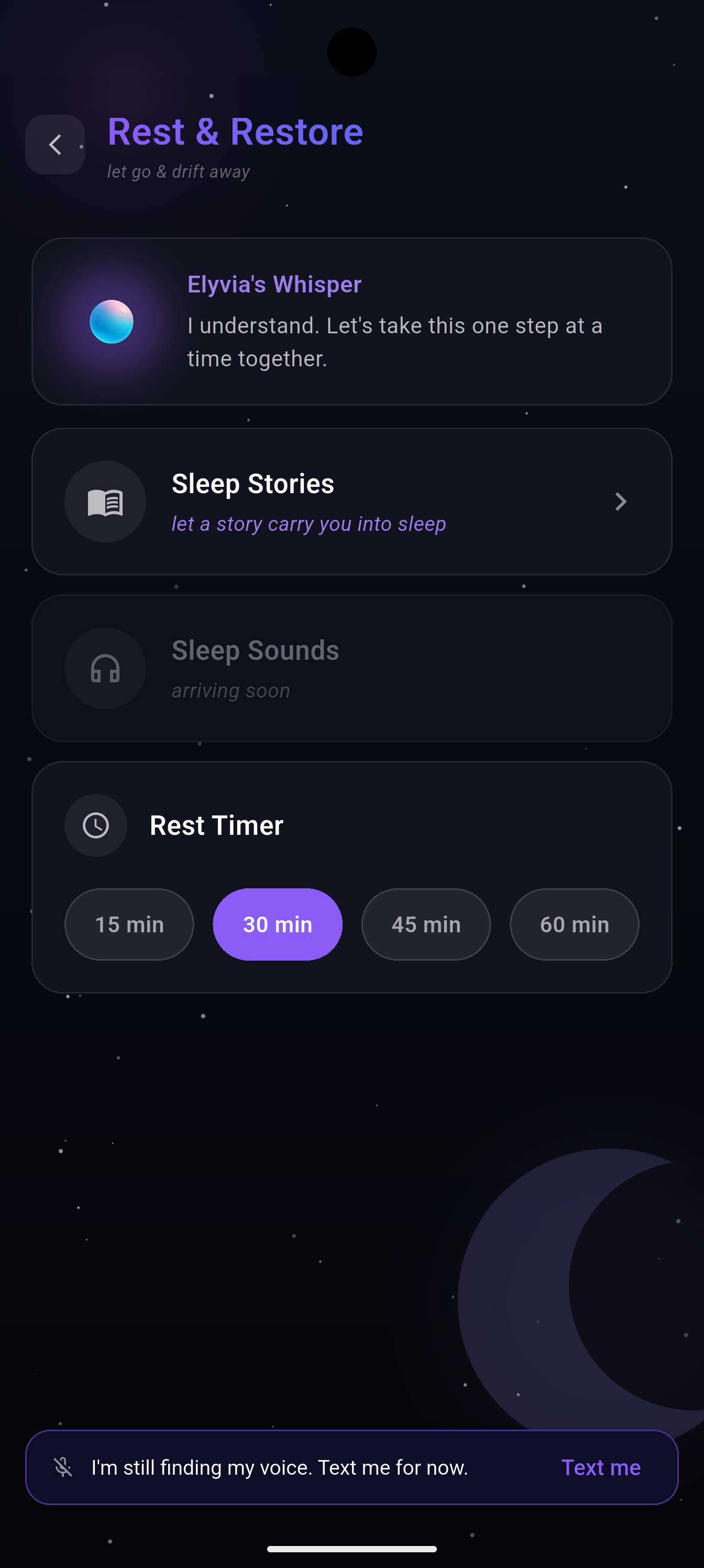 Rest & Restore in Elyvia, showing nighttime soundscape options