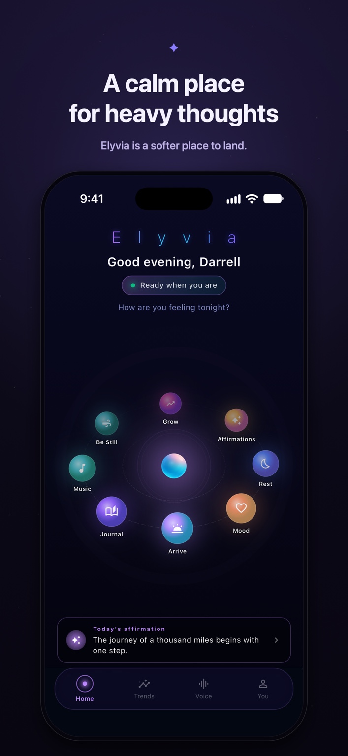 Elyvia Home with its luminous feature orbit and paths to reflection, mood, grounding, music, and rest. Official campaign: A calm place for heavy thoughts.
