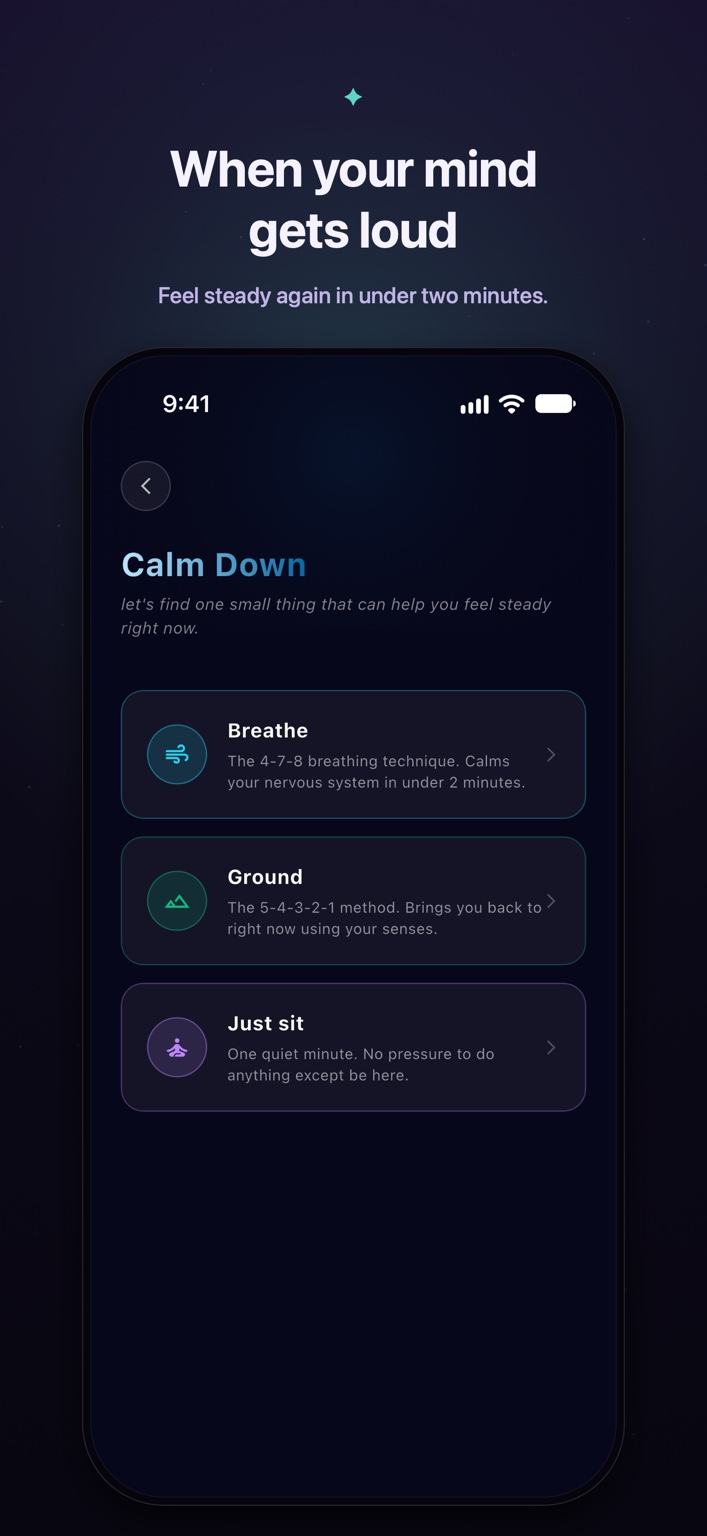 Calm Down in Elyvia with Breathe, Ground, and Just sit choices. Official campaign: When your mind gets loud.