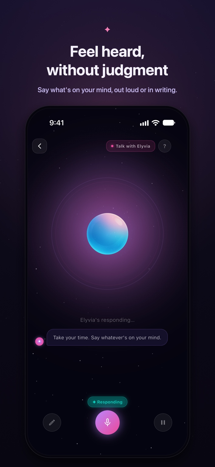 Voice conversation in Elyvia with the luminous companion orb and user-controlled voice interaction. Official campaign: Feel heard, without judgment.