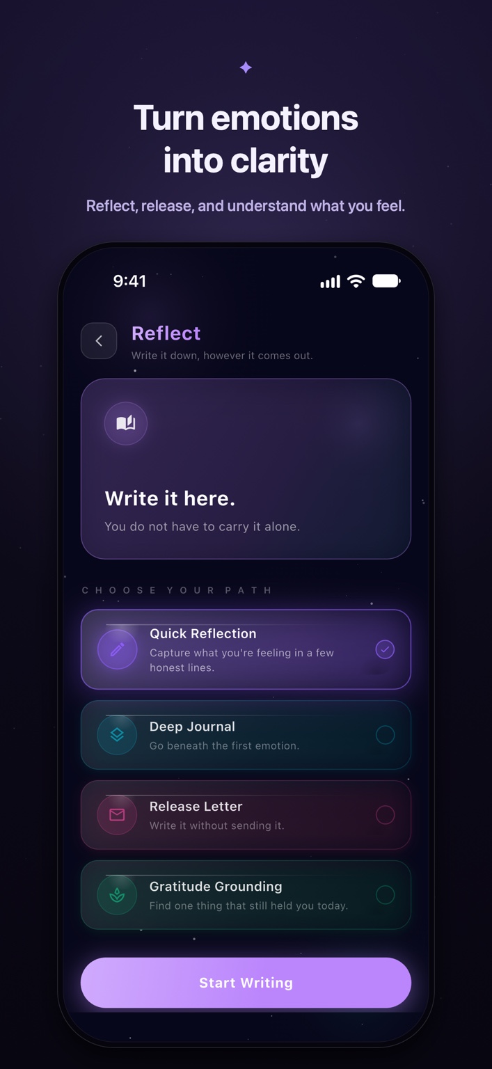 Reflect in Elyvia with Quick Reflection, Deep Journal, Release Letter, and Gratitude Grounding. Official campaign: Turn emotions into clarity.