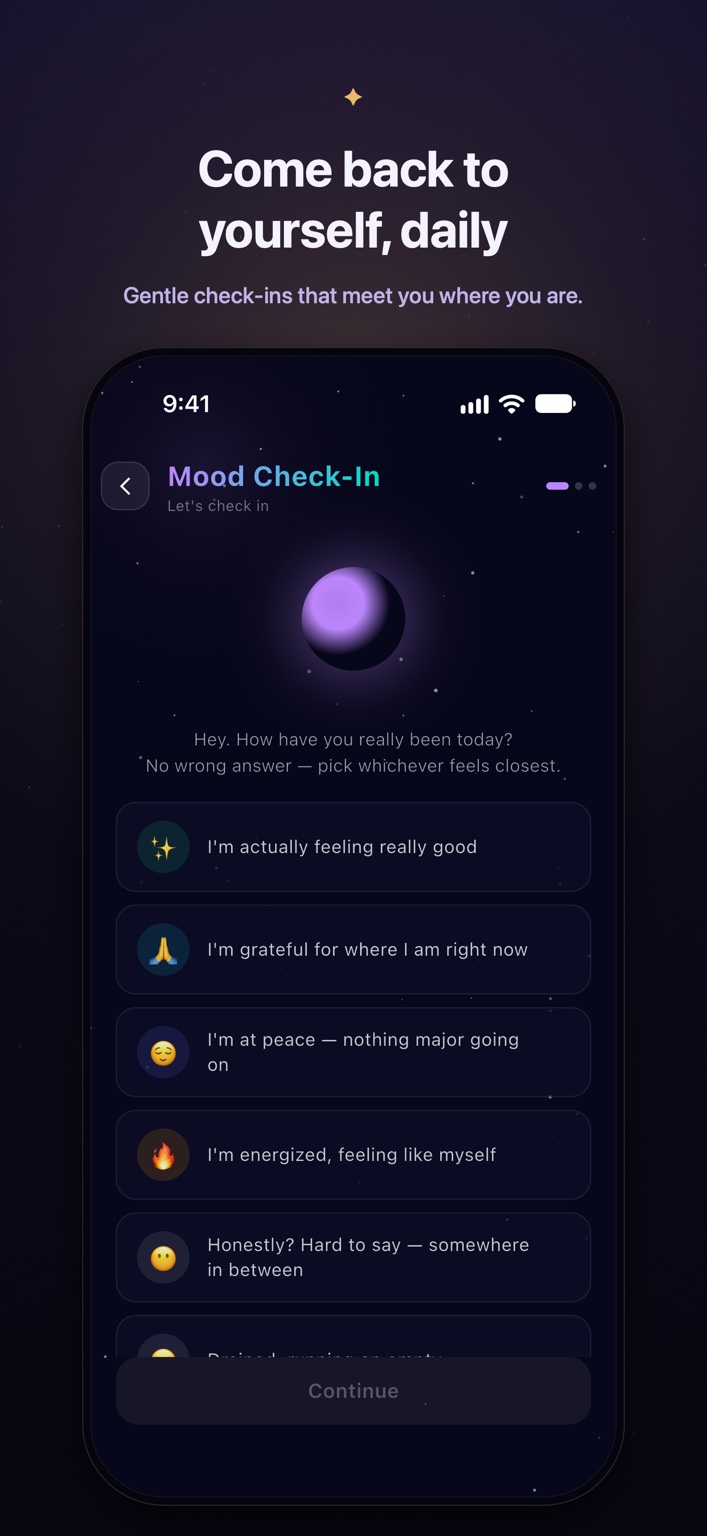 Elyvia Mood Check-In with feelings to choose from and a moment to notice how you are doing. Official campaign: Come back to yourself, daily.